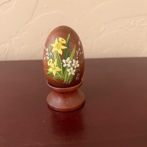 Vintage Hand-Painted Flowers on Stained Wooden Egg with Display Stand